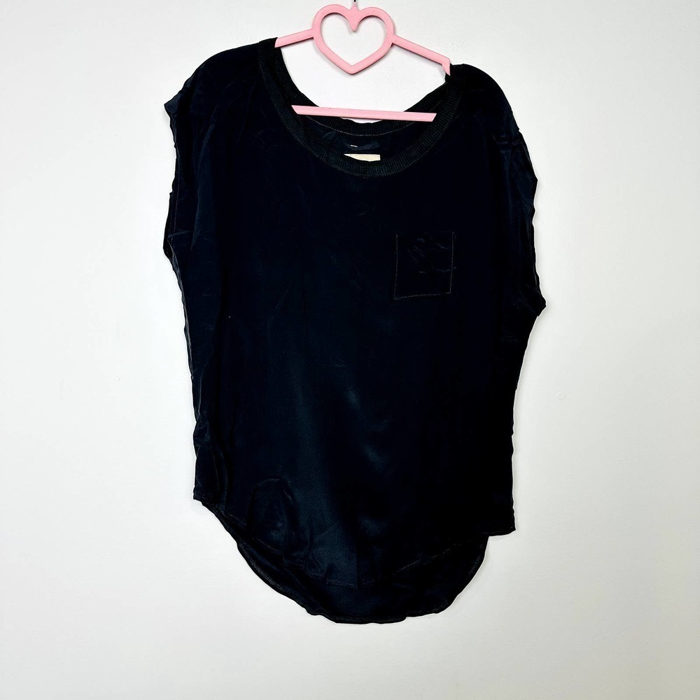 Chaser NWT Silk Pocket Cap Sleeve Boatneck Tunic Tee Blouse Vintage Black Medium